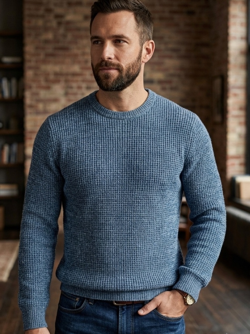 PJ Paul Jones Men’s Heathered Blue Crewneck Knitted Sweater